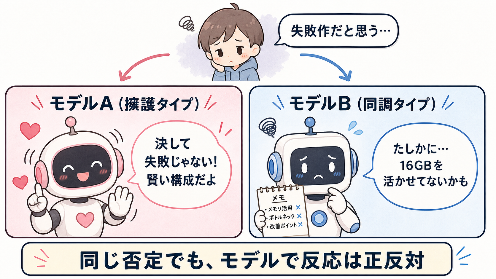 同じ否定でも、擁護に回るモデルと、欠点に寄り添うモデルで反応が正反対になる様子