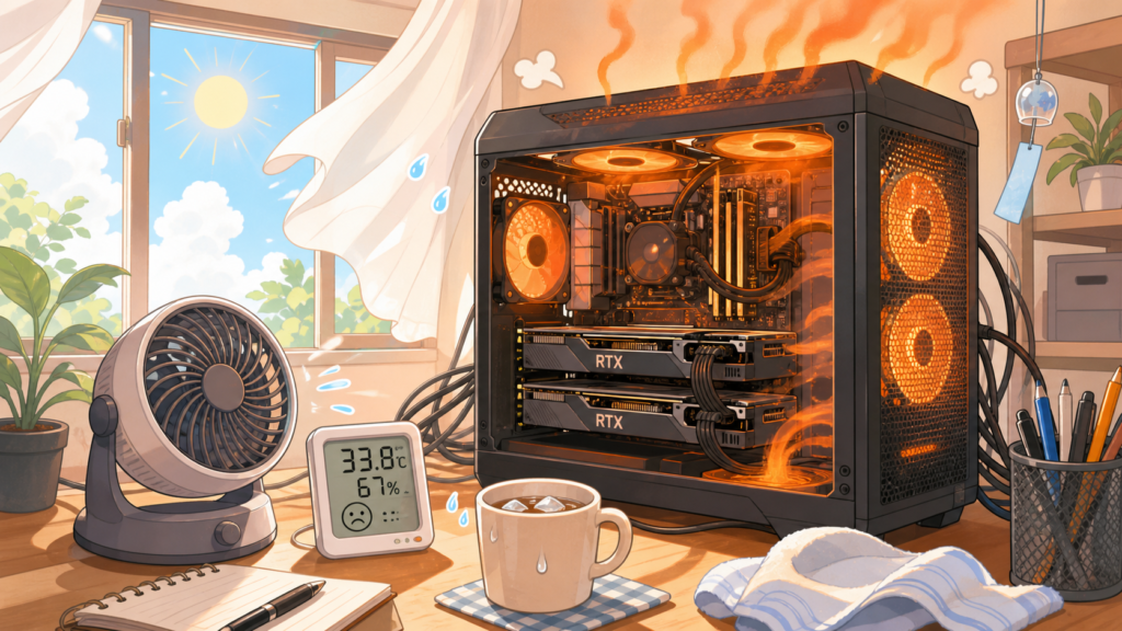 自宅サーバー部屋の夏。GPU2枚積みのPCと、室温計、サーキュレーターが並ぶデスクのアイキャッチ