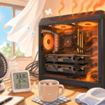 自宅サーバー部屋の夏。GPU2枚積みのPCと、室温計、サーキュレーターが並ぶデスクのアイキャッチ