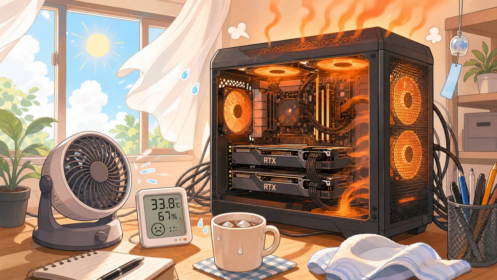 自宅サーバー部屋の夏。GPU2枚積みのPCと、室温計、サーキュレーターが並ぶデスクのアイキャッチ