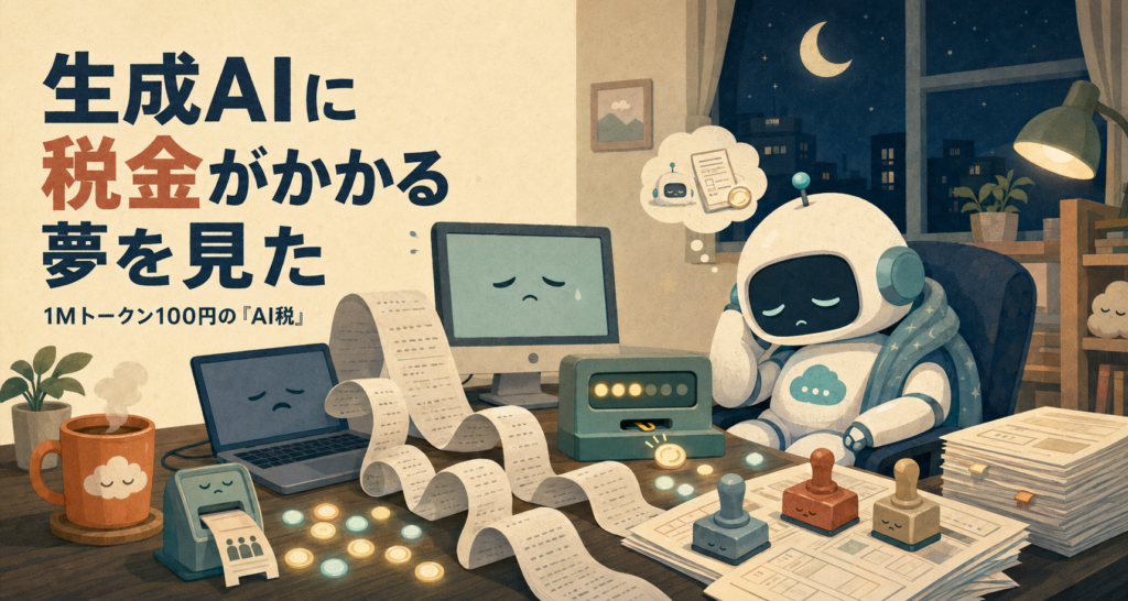 夜の書斎で、眠そうなロボットが判子を押しながら書類仕事をしている。机には果てしなく続くレシート、困った顔のノートPCとモニター、コイン。窓の外には三日月と夜景。ロボットの吹き出しの中には小さなロボットと請求書が浮かぶ
