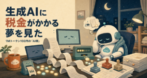 夜の書斎で、眠そうなロボットが判子を押しながら書類仕事をしている。机には果てしなく続くレシート、困った顔のノートPCとモニター、コイン。窓の外には三日月と夜景。ロボットの吹き出しの中には小さなロボットと請求書が浮かぶ