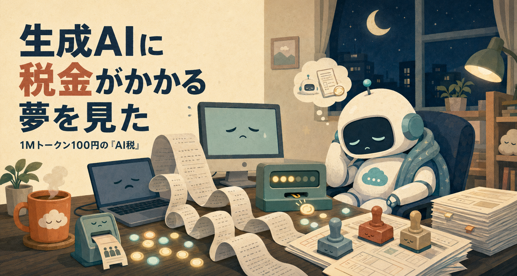 夜の書斎で、眠そうなロボットが判子を押しながら書類仕事をしている。机には果てしなく続くレシート、困った顔のノートPCとモニター、コイン。窓の外には三日月と夜景。ロボットの吹き出しの中には小さなロボットと請求書が浮かぶ